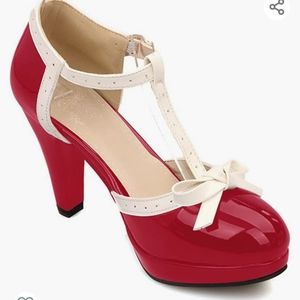 Red and white T strap high heels